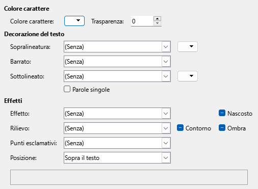 Immagine della finestra di dialogo pagina degli Effetti carattere