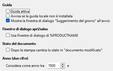 Immagine della finestra di dialogo Generale delle Opzioni