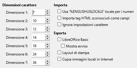 Immagine della finestra di dialogo HTML delle Opzioni