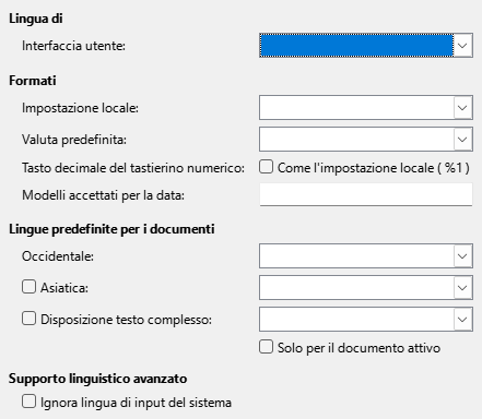 Immagine della finestra di dialogo Lingue delle Opzioni