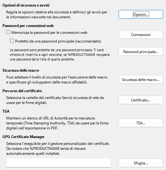 Immagine della finestra di dialogo Sicurezza delle Opzioni