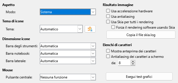 Immagine della finestra di dialogo Vista delle Opzioni