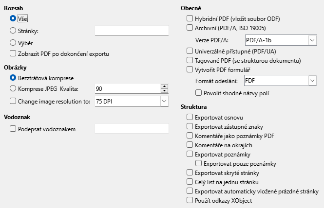 Obrázek dialogového okna Obecné možnosti exportu PDF