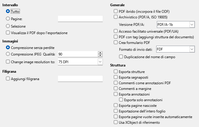 Immagine della finestra di dialogo delle opzioni generali di esportazione PDF