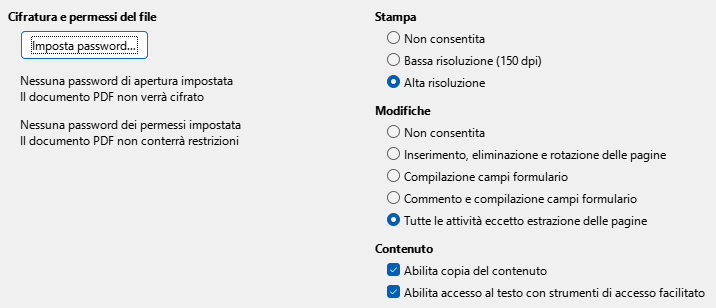 Immagine della finestra di dialogo delle opzioni di sicurezza di esportazione PDF