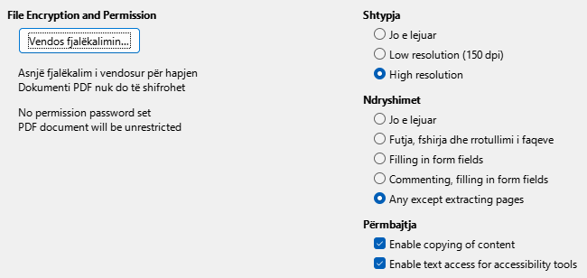 PDF Export Security Options Dialog Image