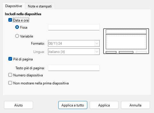Finestra di dialogo Riga d'intestazione/Piè di pagina