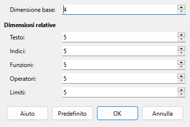 Finestra di dialogo Dimensione carattere
