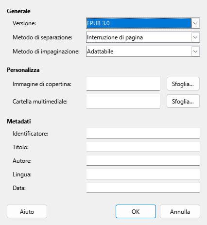 Riquadro di dialogo EPUB
